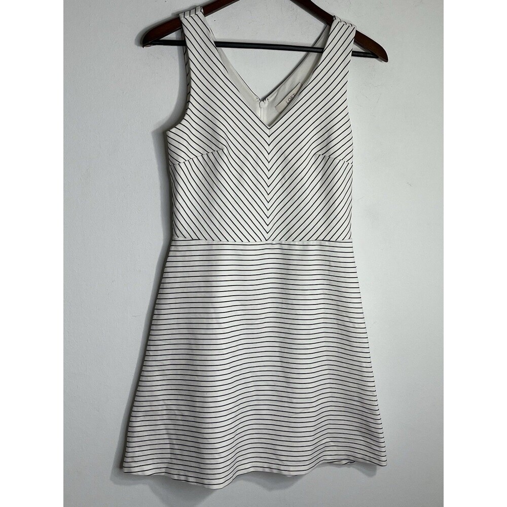 LOFT White Black Pin Stripe V Neck Fitted Dress Size 6 office siren corp core